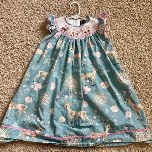 Lil Cactus Girl’s Smocked Dress with Deer and Floral Print - Blue and Pink